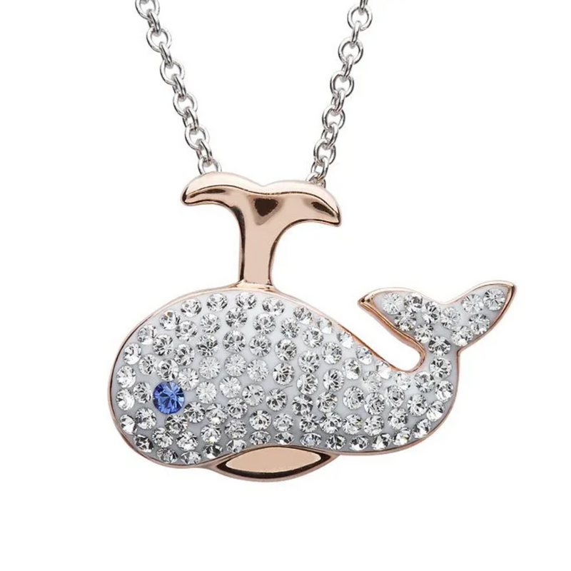 Ocean SS White SW Crystal Rose Whale Necklace