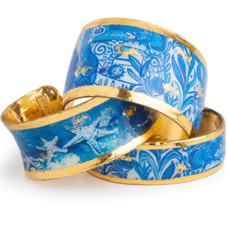 Starfish Blue Evocateur Gold 1.5in Cuff Bracelet