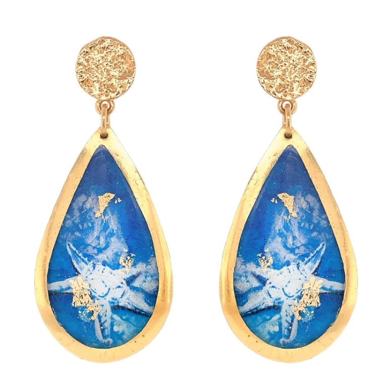 Evocateur Gold Starfish Blue Medium Earrings
