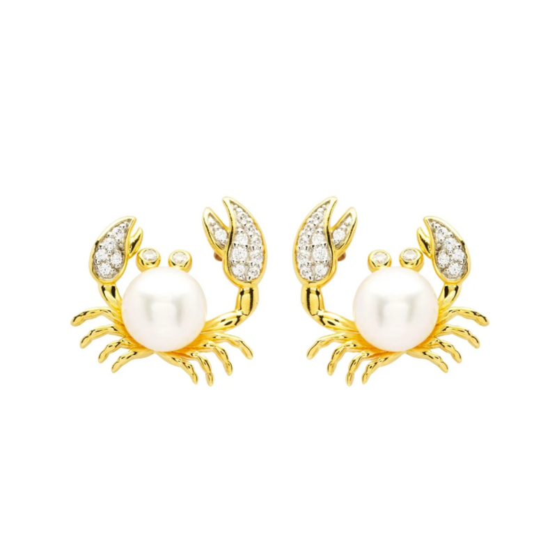 14KT Gold Vermeil CZ / Pearl Crab Stud Earrings