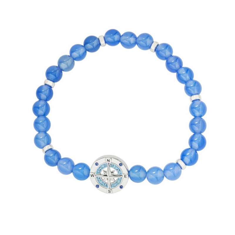 Sterling Silver Compass Blue Agate Stretchy Bracelet