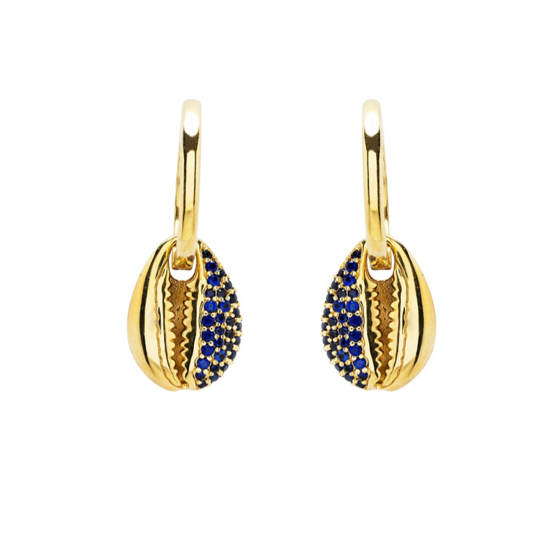 14kt Gold Vermeil Blue and White Lab Sapphire Cowrie Shell Earrings