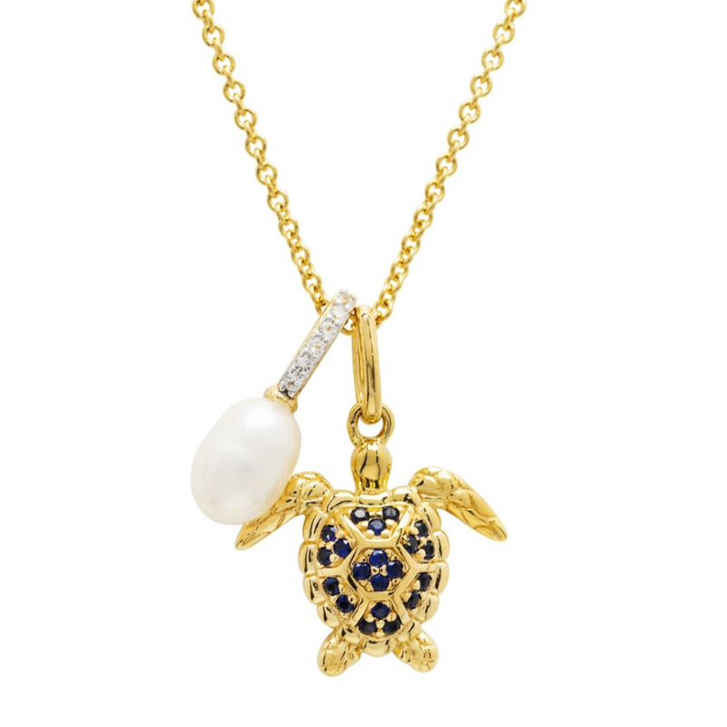 14kt Gold Vermeil Blue and White Lab Sapphire Turtle Necklace
