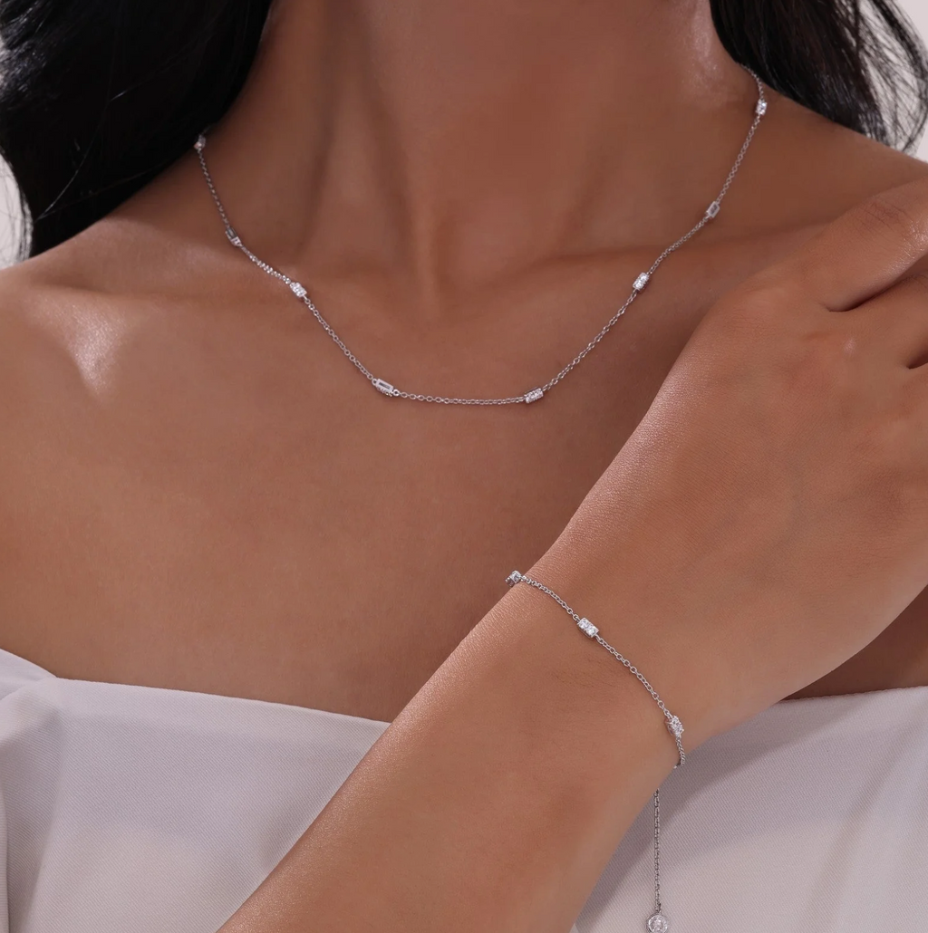 0.6 CTW Silver Adjustable Station Necklace