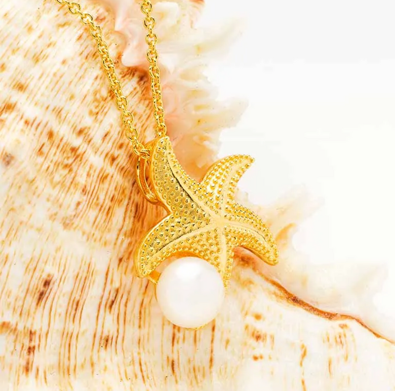 14KT Gold Vermeil Star Fish and Pearl Necklace