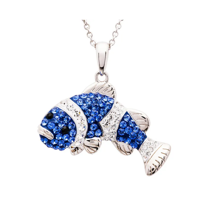 Sterling Silver Blue/White Crystal Fish Necklace