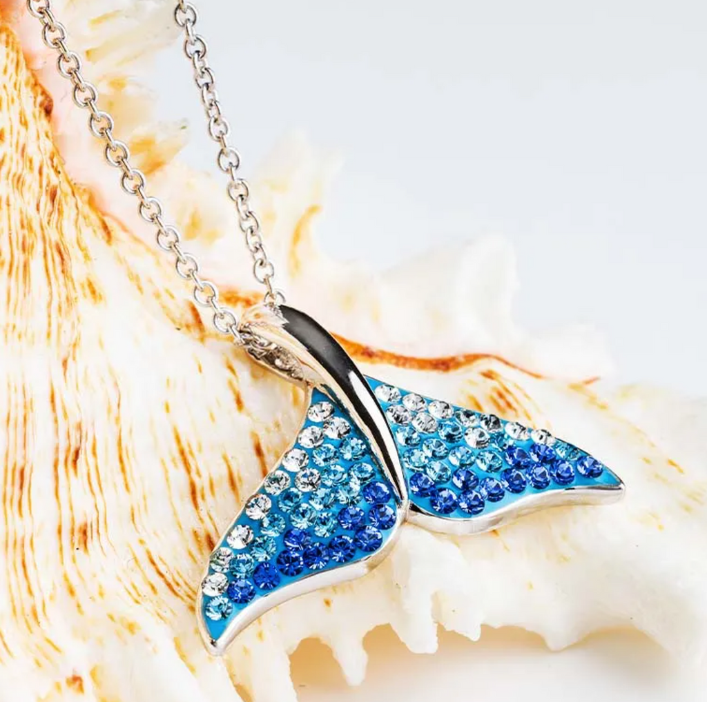 Sterling Silver Blue/White Crystal Whale Tail Necklace