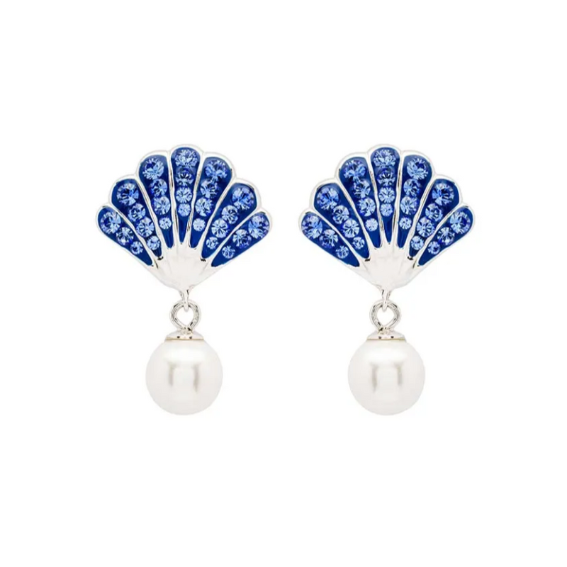 Ocean SS Pearl/Sapphire Crystal Shell Earrings