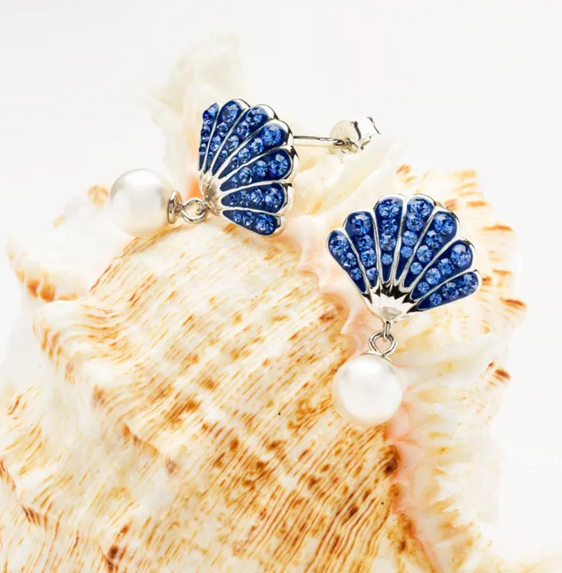 Ocean SS Pearl/Sapphire Crystal Shell Earrings