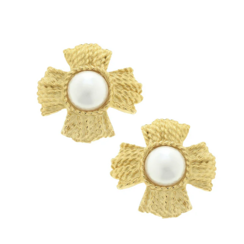 Gold Braided Cross Pearl Stud Earring