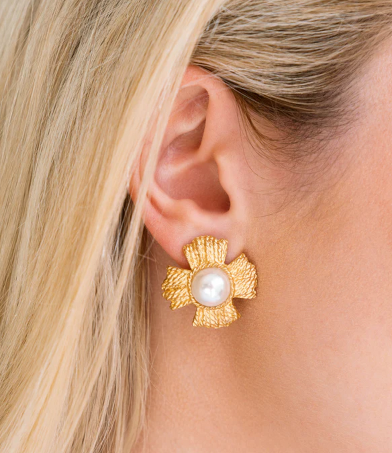 Gold Braided Cross Pearl Stud Earring