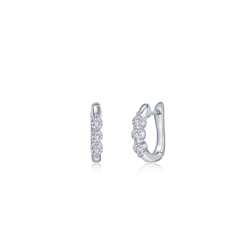 1.0 CTW 3-Stone Huggie Silver Hoop Earrings