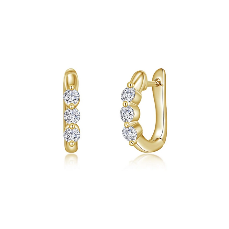 1.5 CTW 3-Stone Huggie Gold Hoop Earrings