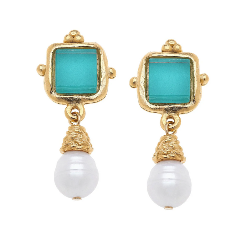 Charlotte Teal French Glass + Pearl Drop Earrings