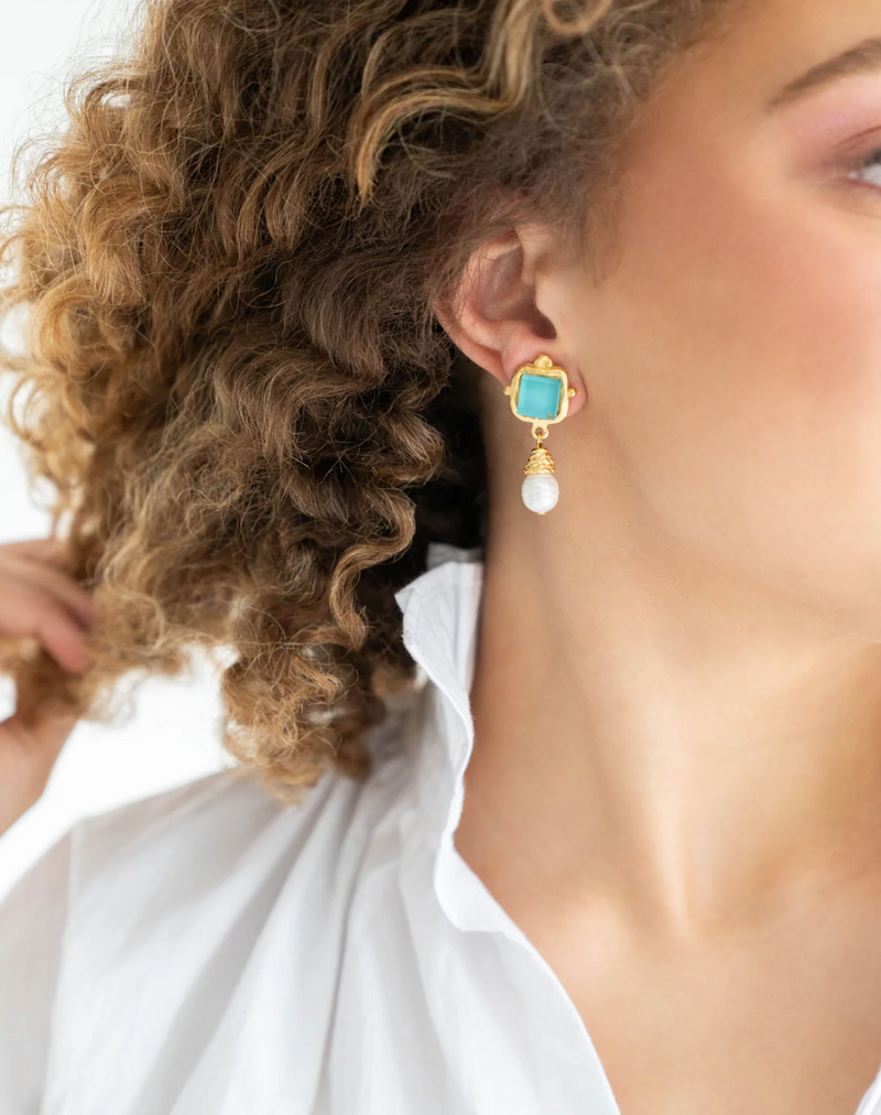 Charlotte Teal French Glass + Pearl Drop Earrings