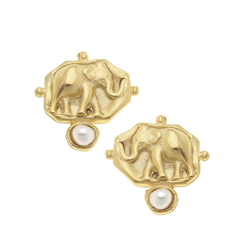 Elephant Intaglio with Genuine Freshwater Pearl Clip Earrings