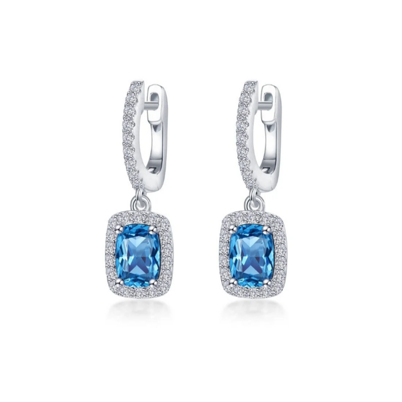 3.02 CTW Blue Topaz Halo Cushion-Cut Dangle Earrings