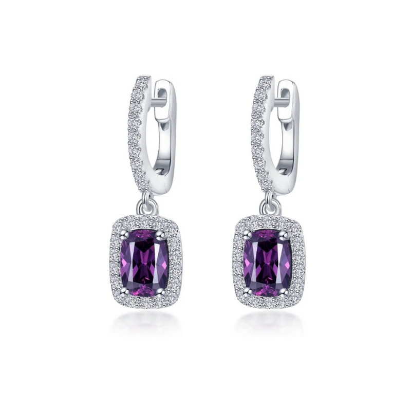 3.02 CTW Halo Cushion-Cut Amethyst Dangle Earrings