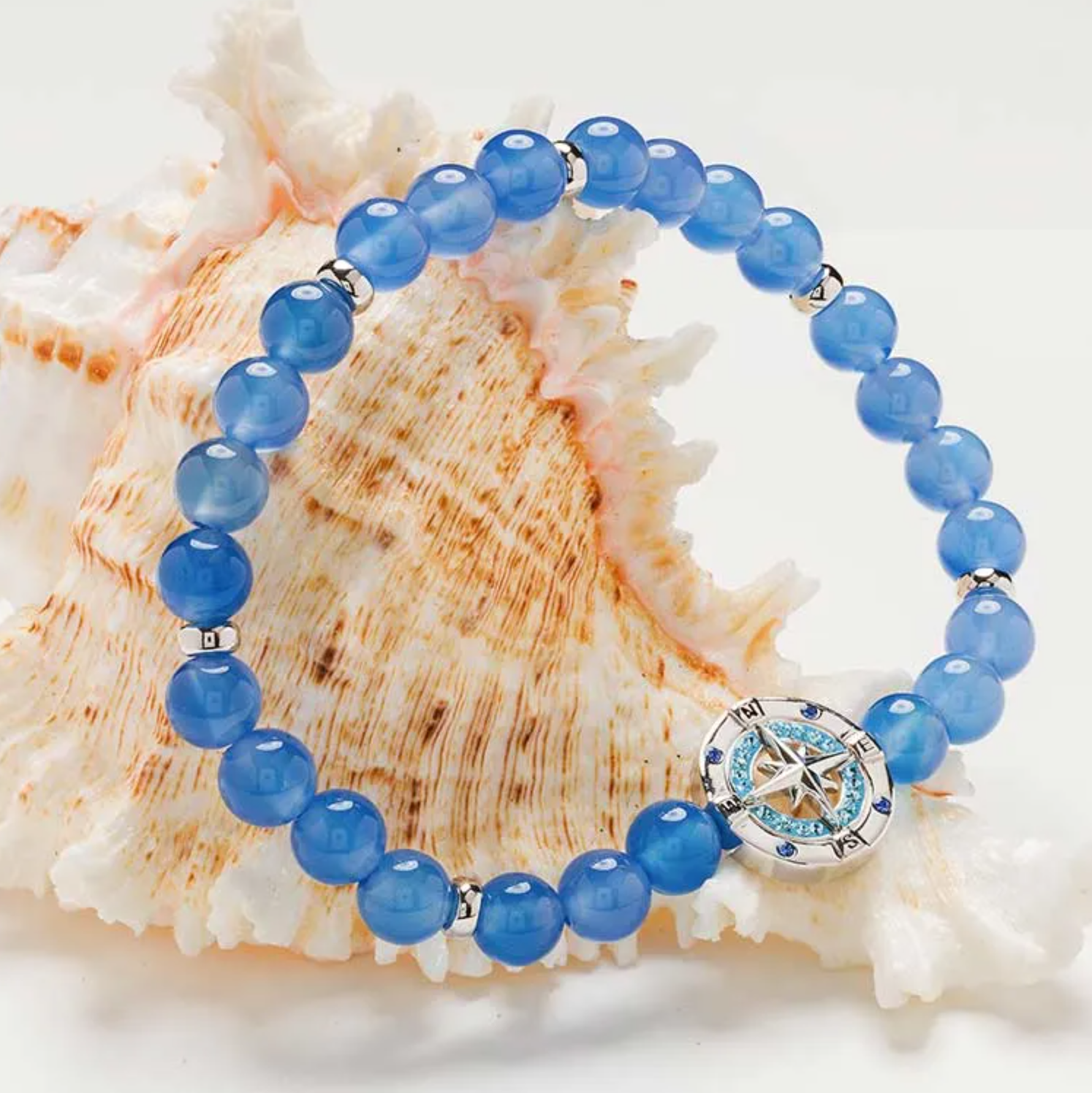Sterling Silver Compass Blue Agate Stretchy Bracelet