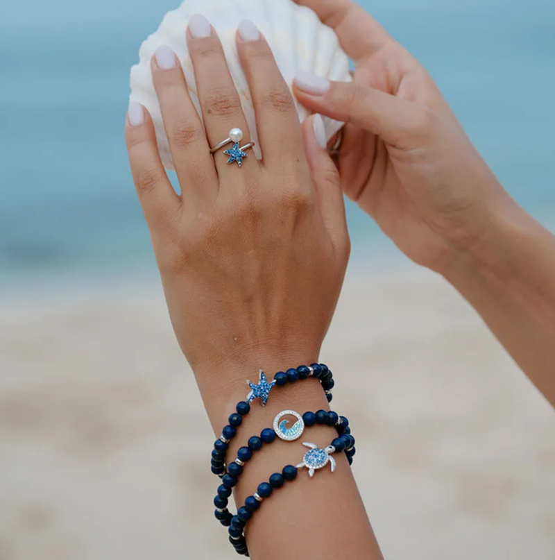 Sterling Silver Wave Lapis Stretchy Bracelet