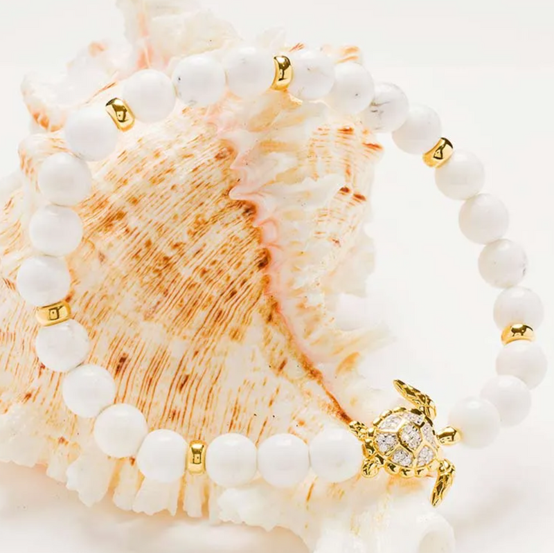 Gold Vermeil White Agate Turtle Stretchy Bracelet