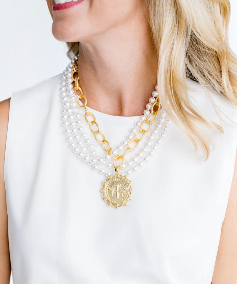 Multi-Strand Pearls with Gold Bee Necklace