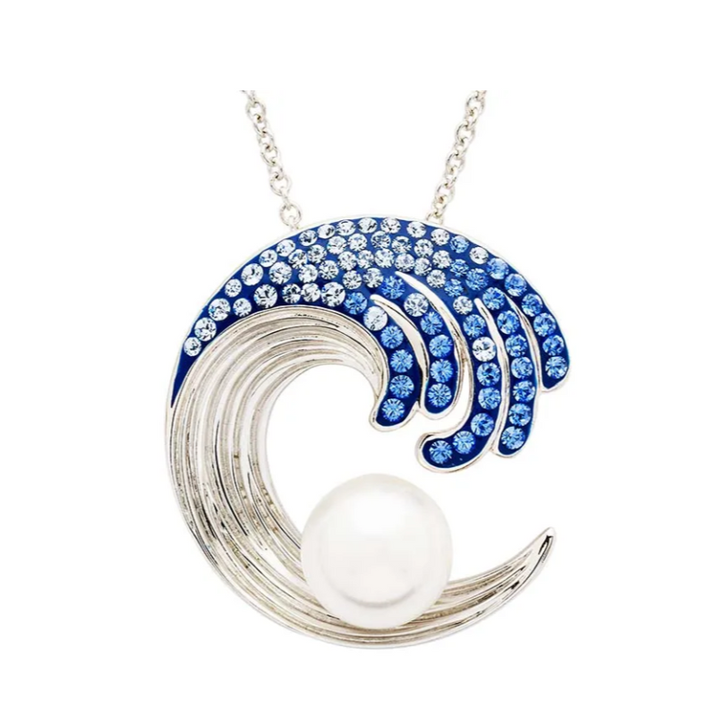 Sterling Silver Pearl / Sapphire Crystal Wave Necklace