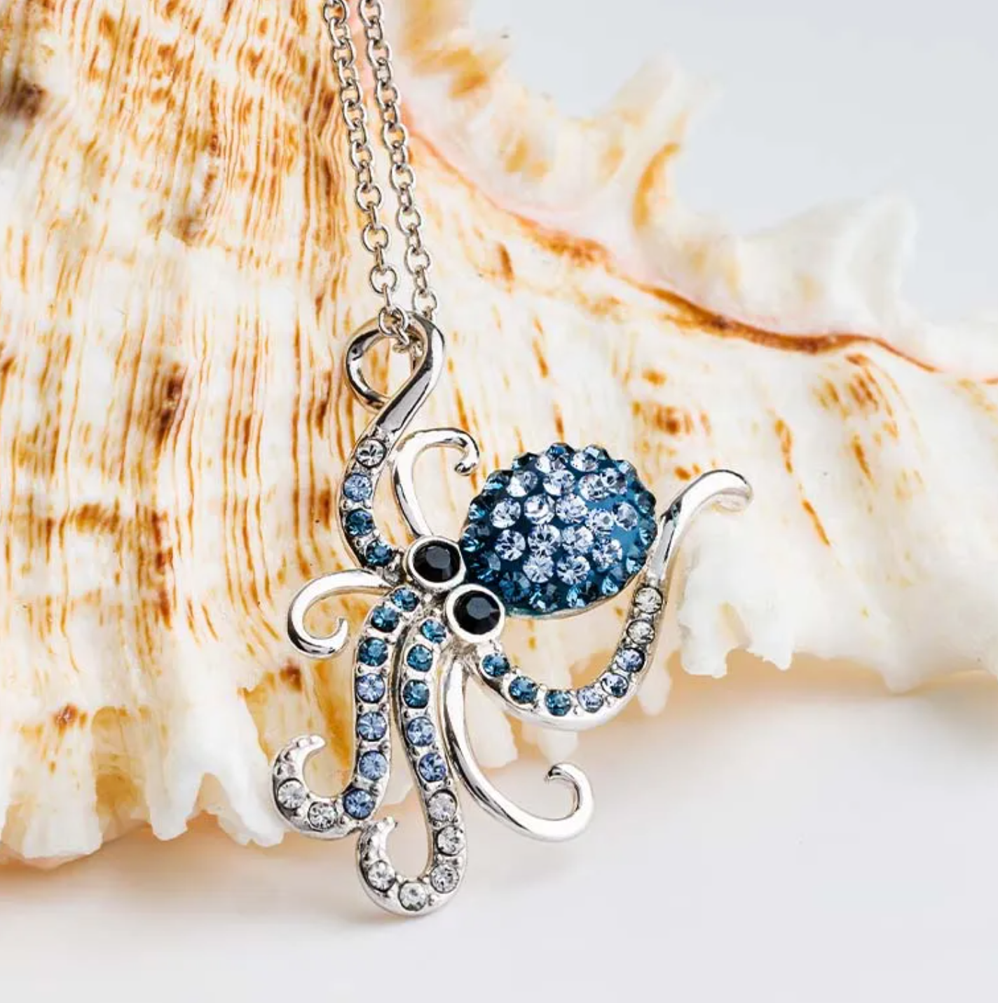 Sterling Silver Blue/White Crystal Octopus Necklace