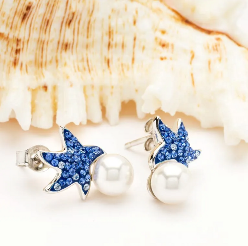 Sterling Silver Pearl / Sapphire Crystal Star Fish Earrings