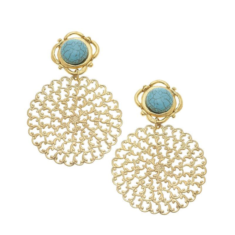 Handcast Gold Filigree Turquoise/Pearl Clip Earring