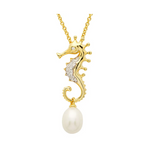 Ocean 14KT Gold Vermeil CZ / Pearl Seahorse Necklace