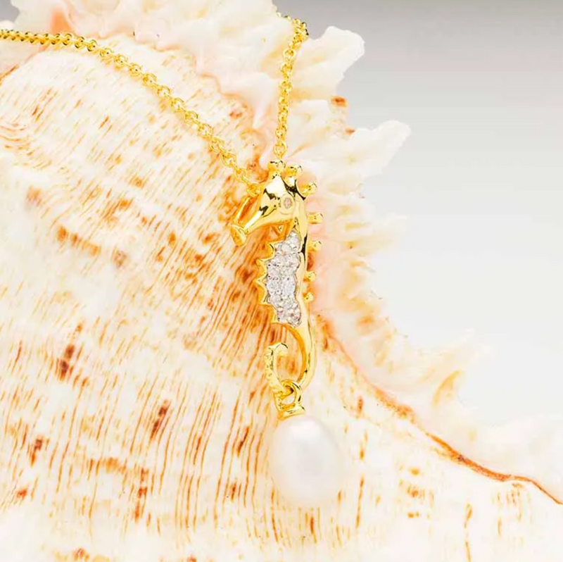 Ocean 14KT Gold Vermeil CZ / Pearl Seahorse Necklace