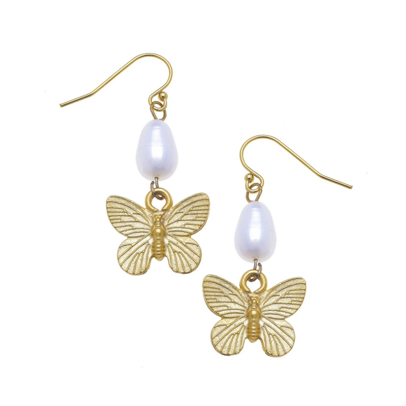 Gold Butterfly and Freshwater Pearl Fishhook Earrings