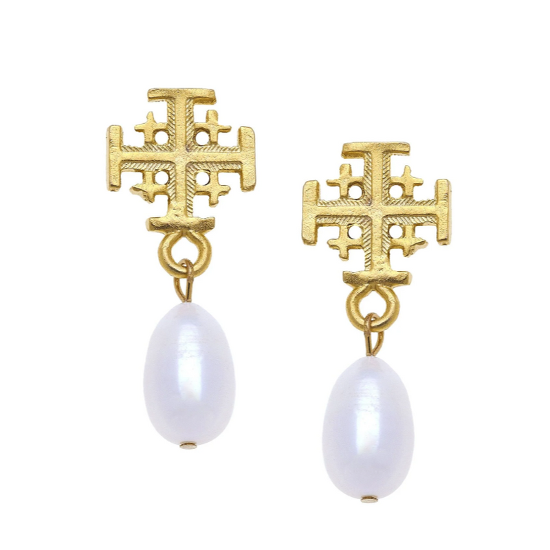 Gold Cross Drop Pearl Earrings