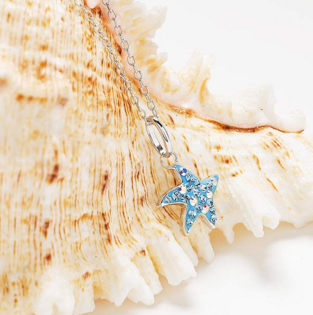 Sterling Silver Blue Crystal Star Fish Mini Necklace