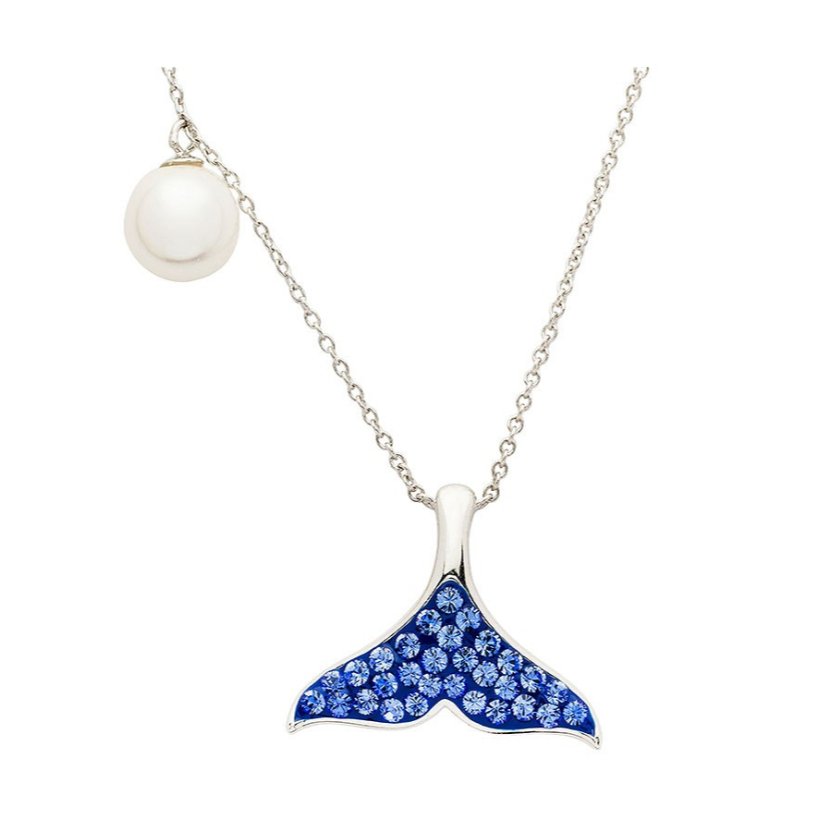 Sterling Silver Pearl/Sapphire Crystal Whale Tail Necklace
