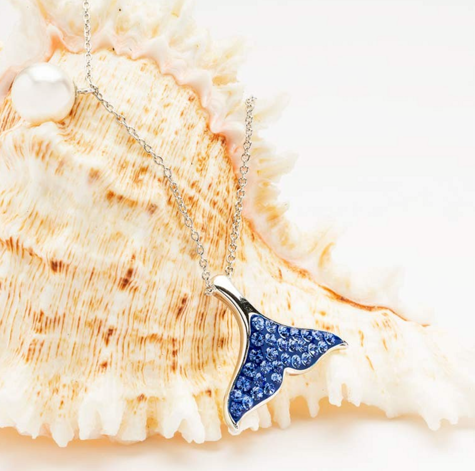 Sterling Silver Pearl/Sapphire Crystal Whale Tail Necklace