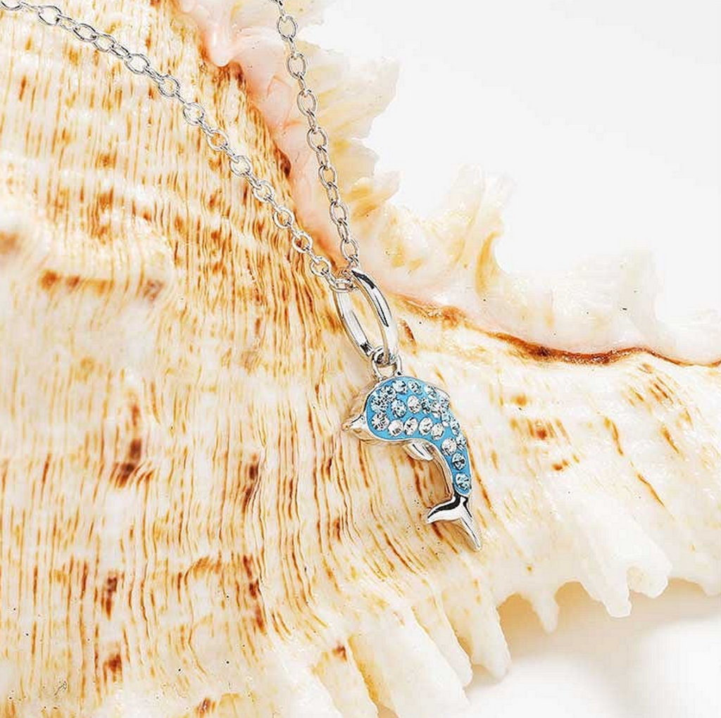 Sterling Silver Aqua Crystal Dolphin Mini Necklace