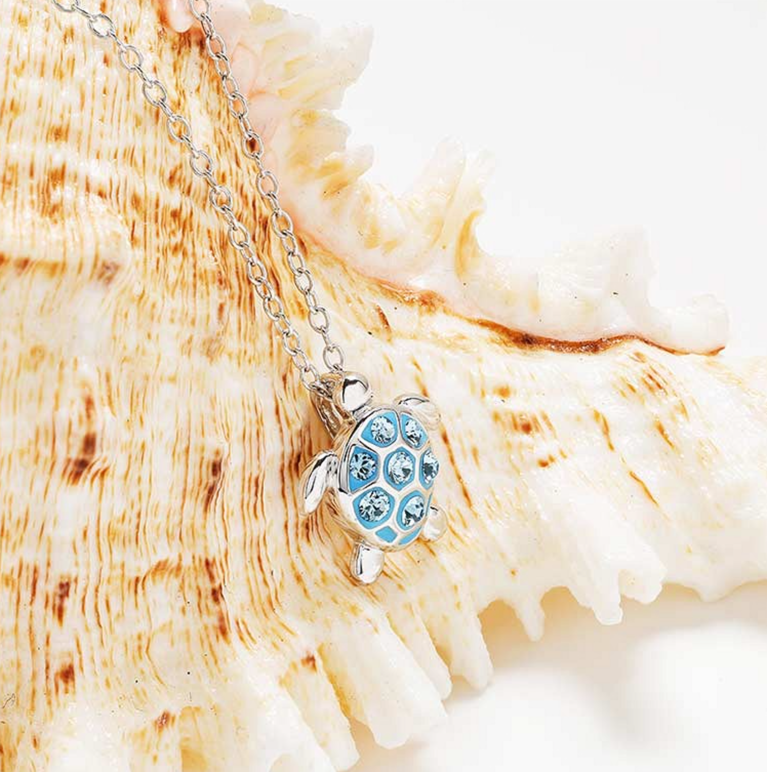 Sterling Silver Aqua Crystal Turtle Mini Necklace