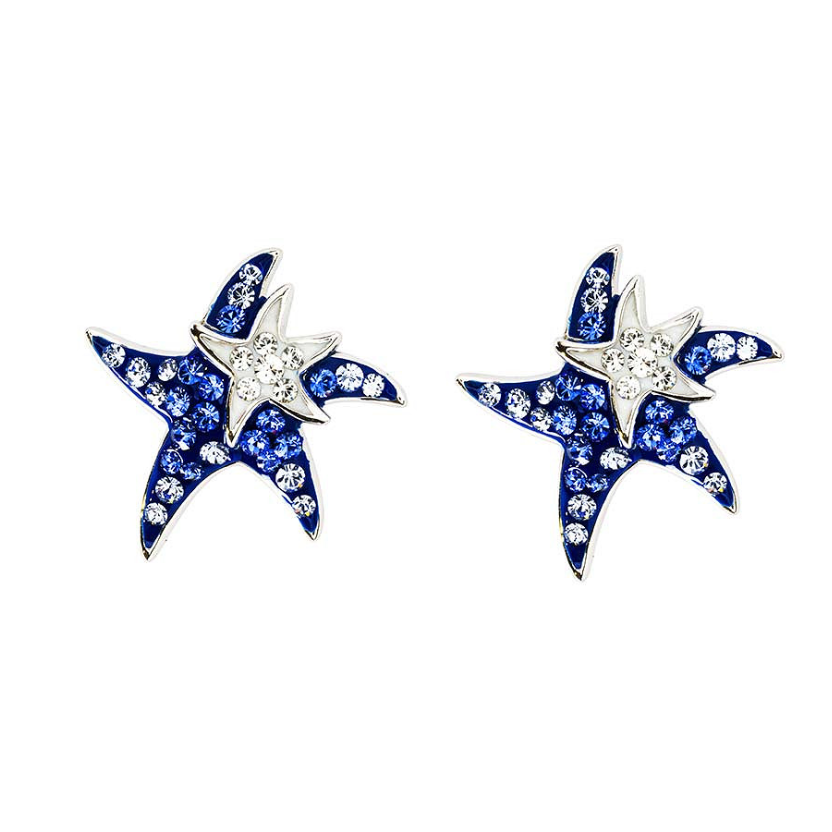 Sterling Silver Star Fish Mother/Baby Blue Crystal Earrings