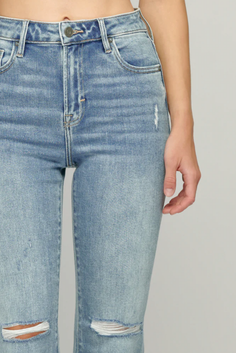 Light Wash Distressed Cropped Frayed Flare
