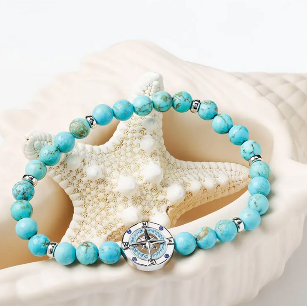 Sterling Silver Turquoise Compass Stretchy Bracelet