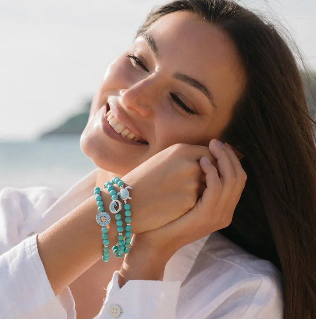 Sterling Silver Turquoise Compass Stretchy Bracelet