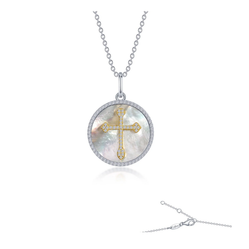 0.86 CTW Cross on Mother of Pearl Disc Necklace