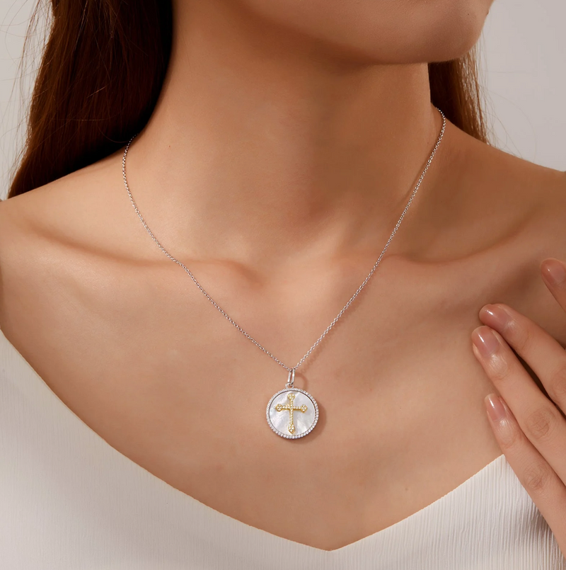 0.86 CTW Cross on Mother of Pearl Disc Necklace