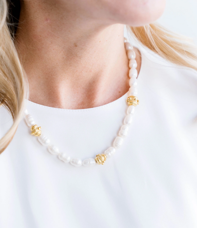 Freshwater Pearl with Handcast Gold Bentley Beads Necklace