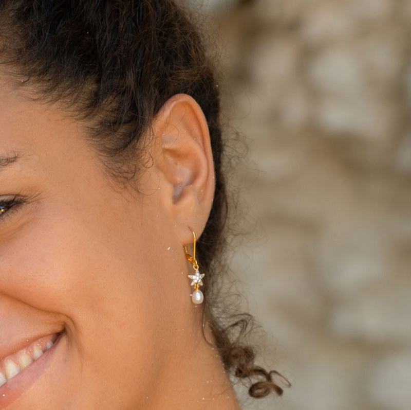 14KT Gold Vermeil Star Fish and Pearl Drop Earrings