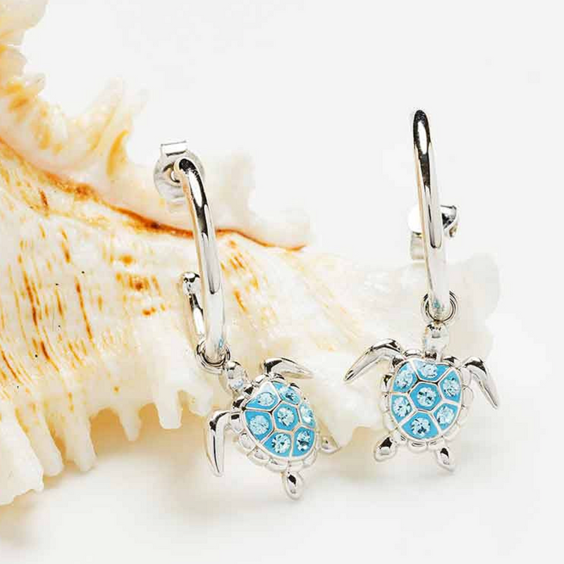 Sterling Silver Aqua Crystal Turtle Earrings