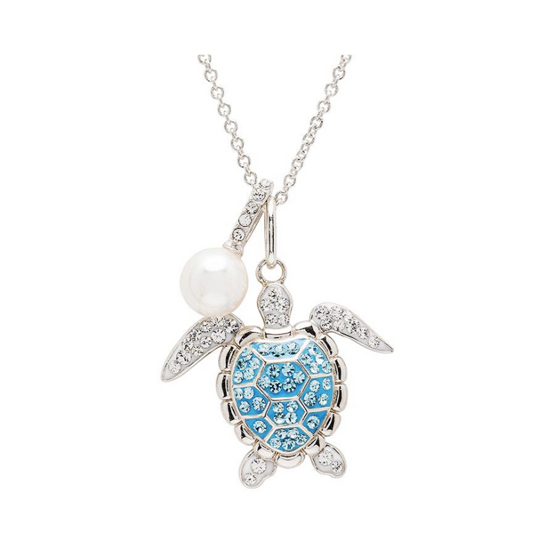 Sterling Silver Aqua Crystal/Pearl Turtle Necklace