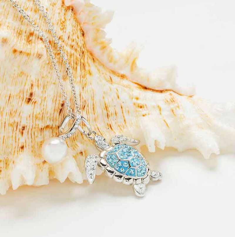 Sterling Silver Aqua Crystal/Pearl Turtle Necklace